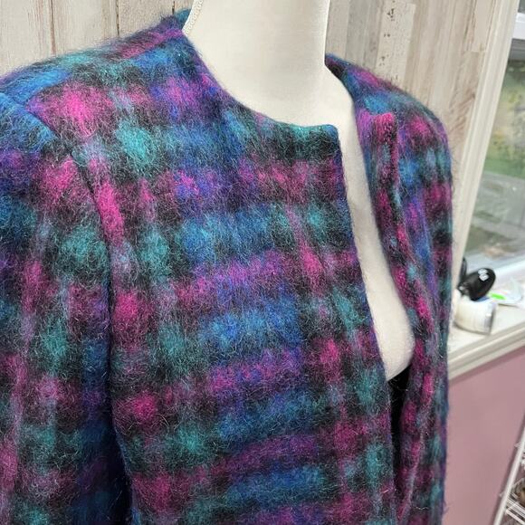 Vintage Lombardi Open Front Colorful Fuzzy Plaid Blazer Jacket Womens Medium 80s - Picture 2 of 10